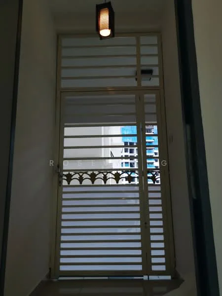 Room features: sliding security gate, metal grille design, light fixture with pendant design, white painted walls, tile flooring; style: modern; view: city.