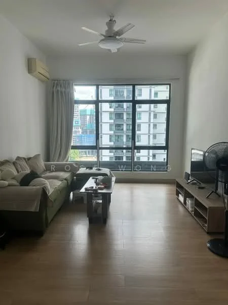 Living features: 3-seater fabric sofa in beige, coffee table, TV console, wall-mounted TV, floor-to-ceiling windows, curtains, ceiling fan, wooden flooring, air conditioning unit; style: modern; view: city.