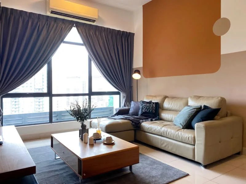 Living features: beige leather sofa, grey area rug, wood coffee table, floor-to-ceiling windows, dark grey curtains, wall-mounted lamp, decorative cushions, accent wall in brown, white painted walls, air conditioning unit; style: modern; view: city.