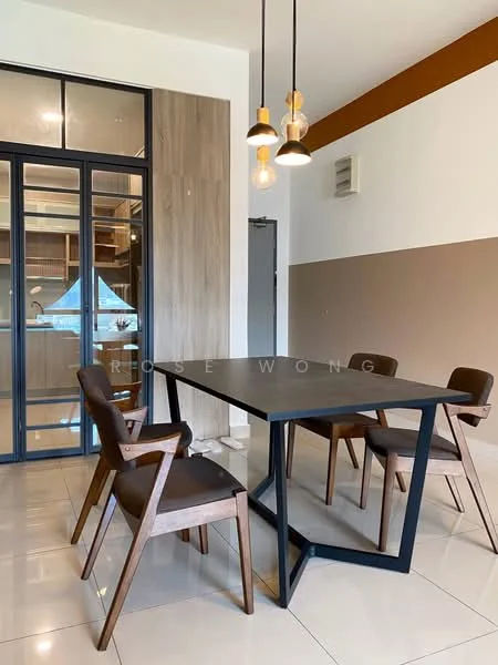 Dining features: dining table with black metal frame and wooden top, 4 wooden dining chairs with upholstered seats, pendant lighting with three bulbs, cream tiled flooring, two-tone painted walls with brown and cream, glass sliding door leading to kitchen area, wood panel accent wall, air conditioning unit on wall; style: modern.
