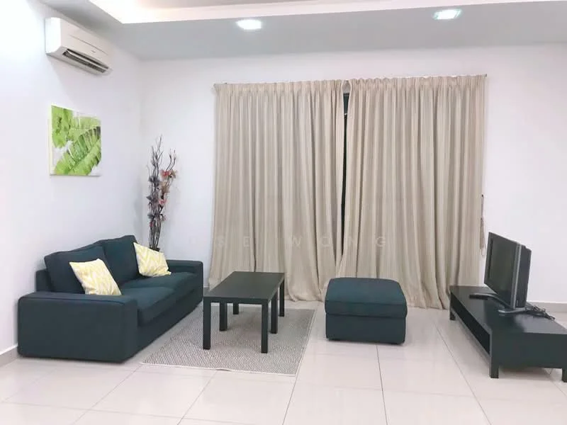 Living features: 3-seater fabric sofa in dark blue, 2 yellow accent cushions, coffee table in black, area rug with neutral color, TV console in black, wall-mounted TV, floor-to-ceiling curtains in beige, air conditioning unit on wall, decorative plant in vase, framed artwork with green leaves, light ceiling with recessed lighting, white painted walls, glossy tile flooring; style: modern.