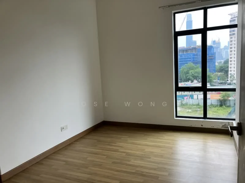 Room features: light wood laminate flooring, white painted walls, large floor-to-ceiling window, city view, single window treatment, no visible furniture, neutral color scheme, baseboard trim; style: modern; view: city.