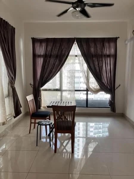 Dining features: floor-to-ceiling windows, brown sheer curtains, white walls, polished ceramic tile flooring, ceiling fan, wooden dining table, 2 wooden dining chairs, 1 upholstered dining chair, natural light from windows; style: modern; view: city.