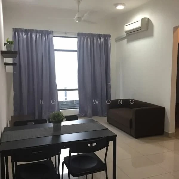 Living features: light grey walls, white ceiling, 5-blade ceiling fan with light, floor-to-ceiling window, sheer curtains, brown fabric sofa, black dining table, 4 black dining chairs, tile flooring, air conditioning unit; style: modern.