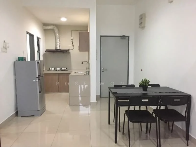 Kitchen features: white painted walls, cream tiled flooring, stainless-steel sink, chrome pull-down faucet, kitchen cabinets in light wood, built-in stove with 4 burners, exhaust hood, refrigerator, dining table with 4 black chairs, window, open layout, wall-mounted air conditioning unit; style: modern.
