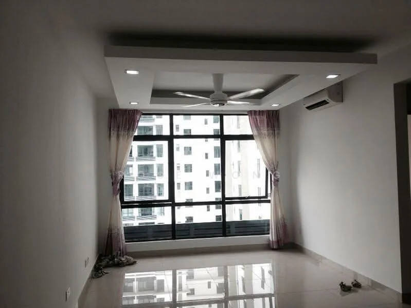 Living features: white painted walls, polished ceramic tile flooring, tray ceiling with recessed lighting, 5-blade ceiling fan with light, floor-to-ceiling windows, sheer curtains, wall-mounted split AC; style: modern; view: city.