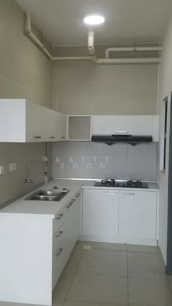 Kitchen features: white cabinetry, stainless-steel single-bowl sink, chrome pull-down faucet, built-in gas hob, exhaust hood, grey tiled backsplash, light grey wall tiles, light grey floor tiles, under-cabinet lighting; style: modern.