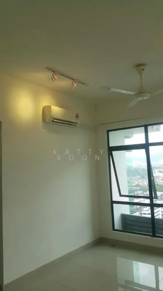 Room features: white painted walls, ceiling fan, 1 wall-mounted split AC, floor-to-ceiling windows, grey tile flooring, recessed downlights; view: city.