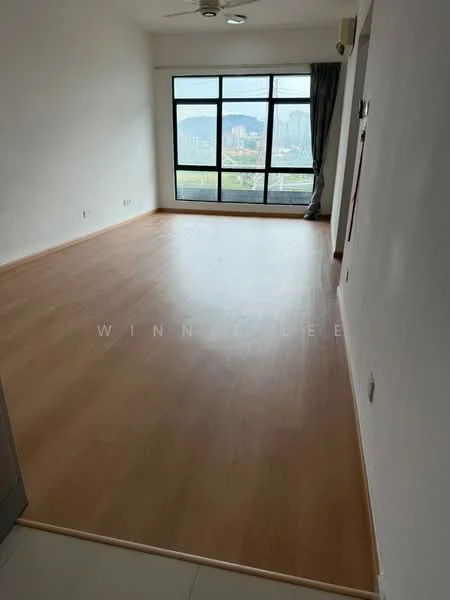 Living features: laminate flooring, white painted walls, floor-to-ceiling windows, curtains, ceiling fan, mountain view; style: modern; view: mountain.
