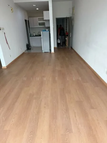 Room features: laminate flooring, white painted walls, kitchen area visible in the background, refrigerator, doorway leading to another room, ceiling lights; style: modern.
