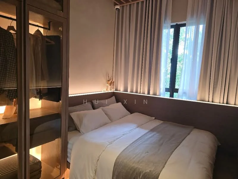 Bedroom features: queen-size bed with white bedding, wooden bed frame, built-in wardrobe with glass doors, hanging clothes rack, sheer curtains, wooden flooring, recessed LED lighting, decorative plants, accent wall with soft lighting; style: modern; view: garden.