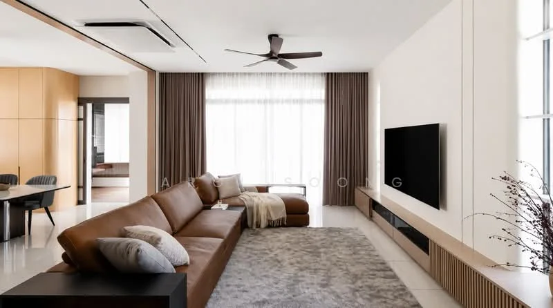 Living features: 3-seater leather sofa in brown, L-shape sectional sofa, area rug with geometric pattern, wall-mounted TV, TV console with wood finish, floor-to-ceiling windows, sheer curtains, recessed downlights, 5-blade ceiling fan, decorative vase with branches, light-colored walls, polished tile flooring; style: modern.