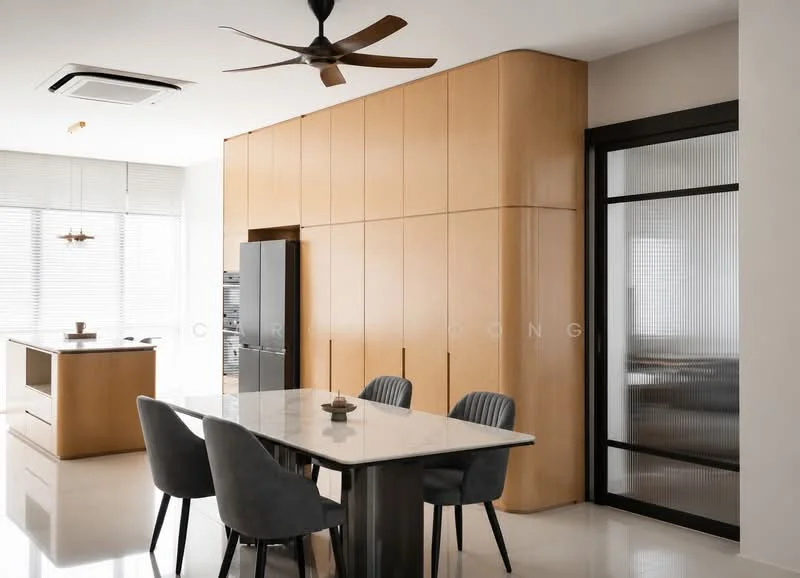 Kitchen features: light wood cabinetry, white marble countertop, black stainless-steel fridge, 4-seater dining table, upholstered dining chairs in grey, ceiling fan, recessed downlights, floor-to-ceiling windows with sheer blinds, open layout, polished tile flooring; style: modern.