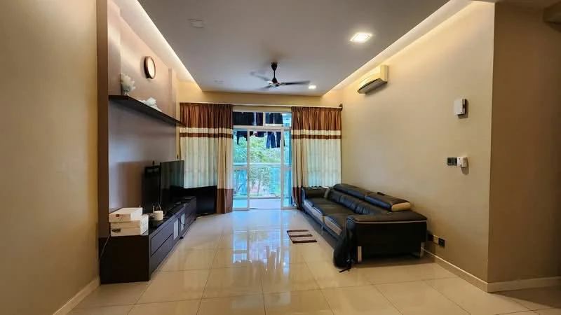 Living features: cream painted walls, glossy white tile flooring, 5-blade ceiling fan with light, recessed downlights, wall-mounted TV, dark wood TV console, black leather sofa, large sliding glass door, sheer curtains, dark brown curtains, decorative wall clock, air conditioning unit; style: modern; view: garden.