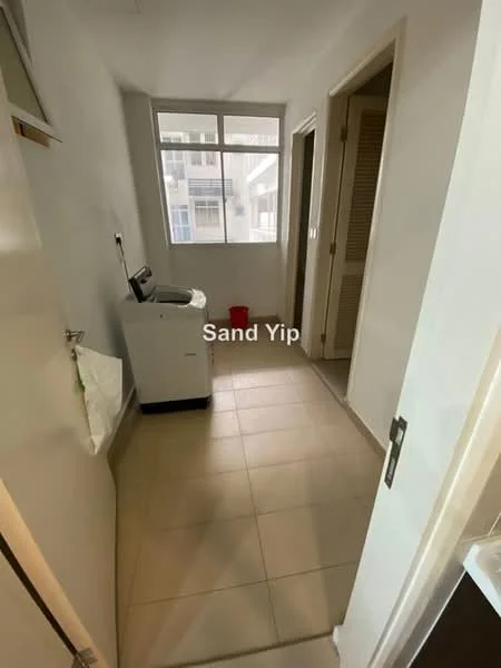 Laundry features: white front-load washing machine, tiled flooring, light grey painted walls, large window providing natural light, white cabinetry, door leading to another room, small red bucket, hanging space for laundry.
