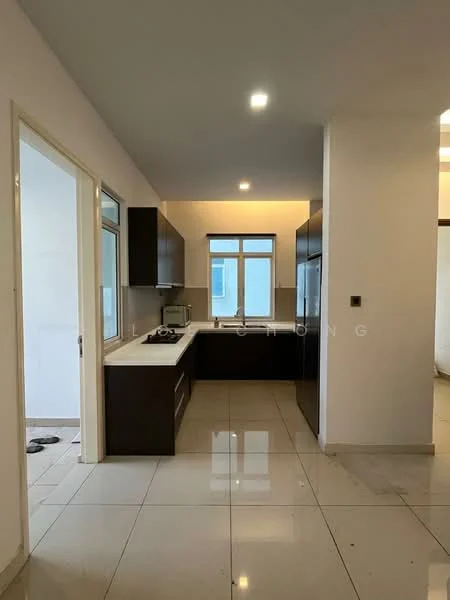 Kitchen features: white quartz countertop, dark wood cabinetry, stainless-steel sink, built-in oven, 4-burner gas hob, microwave, tile flooring, recessed downlights, window with natural light, open layout, neutral wall color, sliding door to outdoor area; style: modern.