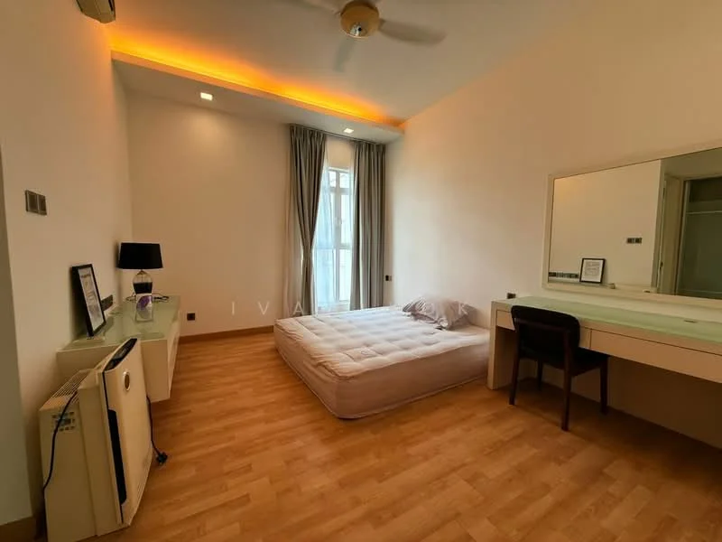 Bedroom features: wooden flooring, white painted walls, tray ceiling with LED strip lighting, floor-to-ceiling window, sheer curtains, queen-size mattress on platform bed, desk with mirror, black chair, wall-mounted air conditioning unit; style: modern.