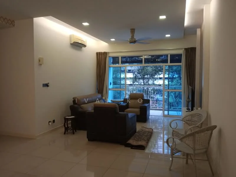 Living features: cream painted walls, white ceiling, recessed downlights, 5-blade ceiling fan, large sliding glass door, floor-to-ceiling windows, brown leather sofa, 2-seater fabric sofa in beige, wooden coffee table, area rug, white wicker chair, curtains, tile flooring; style: modern; view: garden.