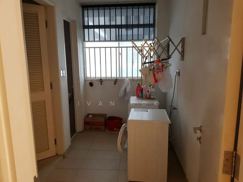 Laundry features: white cabinetry, washing machine, tiled flooring, window with black blinds, clothes drying rack, shelves for storage, hanging hooks, light-colored walls.