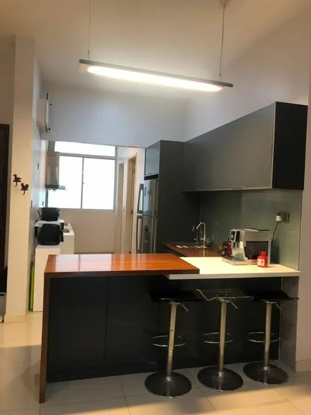 Kitchen features: black cabinetry, white countertop, wooden breakfast bar, stainless-steel sink, chrome pull-down faucet, built-in oven, stainless-steel fridge, ceramic tile flooring, recessed LED downlights, pendant light, open shelving, bar stools, glass backsplash, window with natural light; style: modern.
