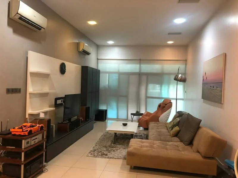 Living features: 3-seater fabric sofa in beige, coffee table, TV console, wall-mounted TV, area rug with geometric pattern, 2 wall-mounted split AC units, decorative wall clock, built-in shelving unit, large windows with sheer curtains, light-colored walls, recessed downlights, floor tiles, orange toy car on shelf; style: modern.