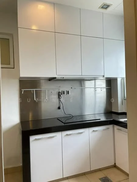 Kitchen features: white flat-panel cabinets, stainless-steel backsplash, black granite countertop, built-in cooktop, under-cabinet lighting, single-bowl stainless-steel sink, chrome faucet, wall-mounted kitchen hood, tile flooring, window above sink; style: modern.