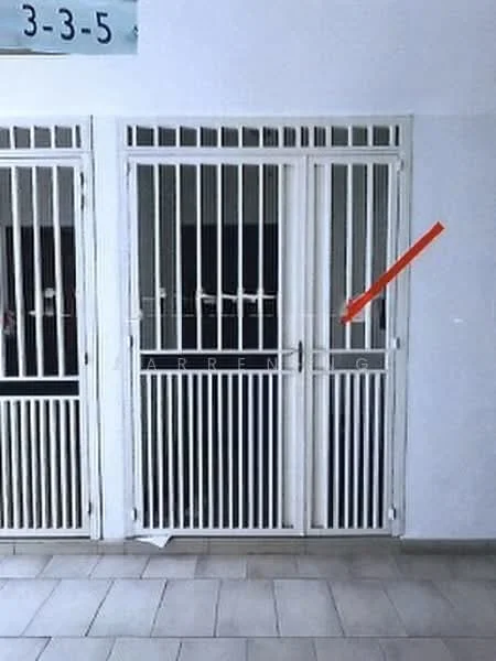 Exterior features: white metal security gate, tiled flooring, numbered unit sign, enclosed corridor; style: modern.