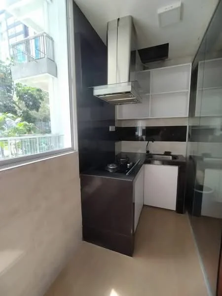Kitchen features: black and white cabinetry, stainless-steel range hood, built-in gas stove, single-bowl stainless-steel sink, black countertop, white upper cabinets, glass splashback, tile flooring, large window with view of greenery, recessed lighting; style: modern; view: garden.