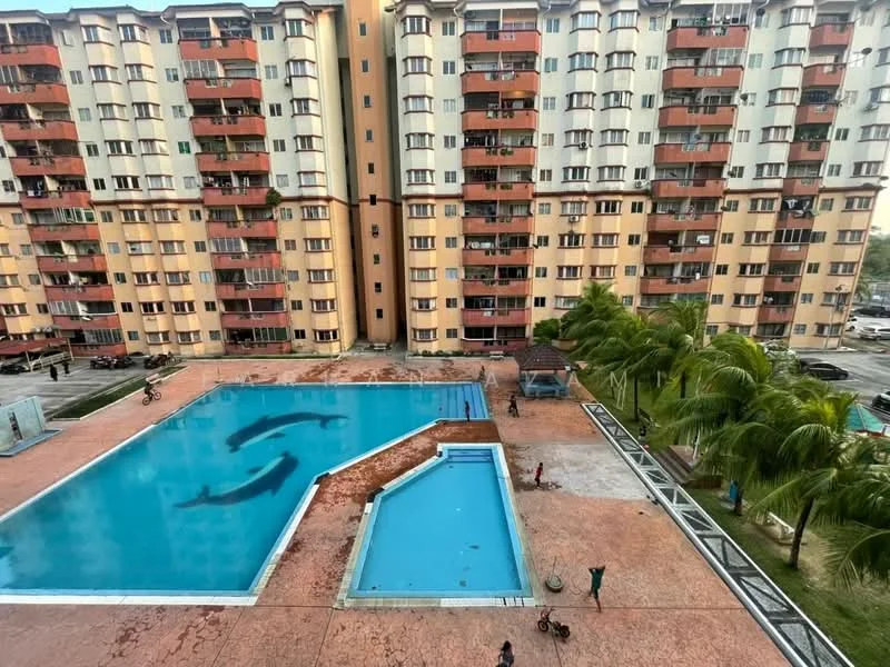 Exterior type: mid-rise condominium; features: swimming pool, lap pool, pool deck with loungers, landscaped garden area, palm trees, manicured lawn, multi-storey building, balconies on upper floors, red and cream painted facade, glass windows, outdoor seating area; style: modern.