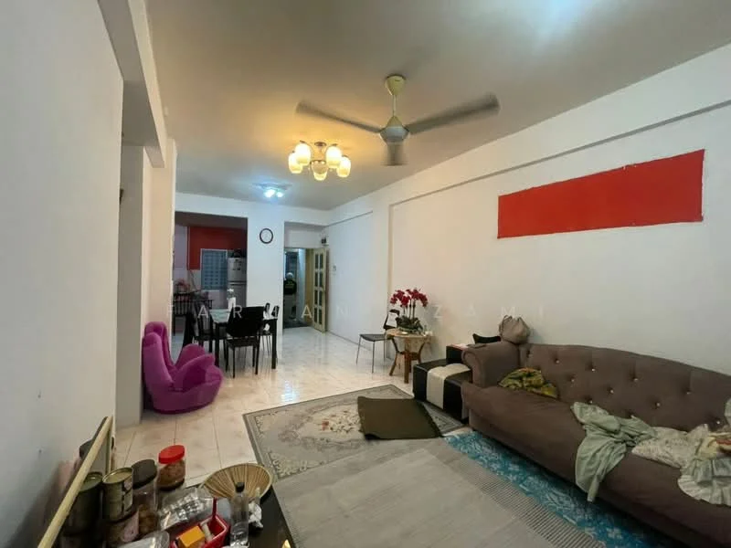 Living features: 3-seater fabric sofa in beige, purple bean bag chair, area rug with geometric pattern, ceiling fan, chandelier with multiple bulbs, white painted walls, red accent wall, tile flooring, decorative wall art, coffee table, potted plants; style: modern.