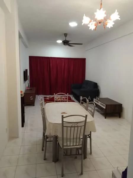 Dining features: 6-seater dining table, metal dining chairs, white tablecloth, ceramic tile flooring, recessed ceiling lights, 5-blade ceiling fan, TV console, wall-mounted TV, sofa in dark blue fabric, red curtain, wooden side table; style: modern.