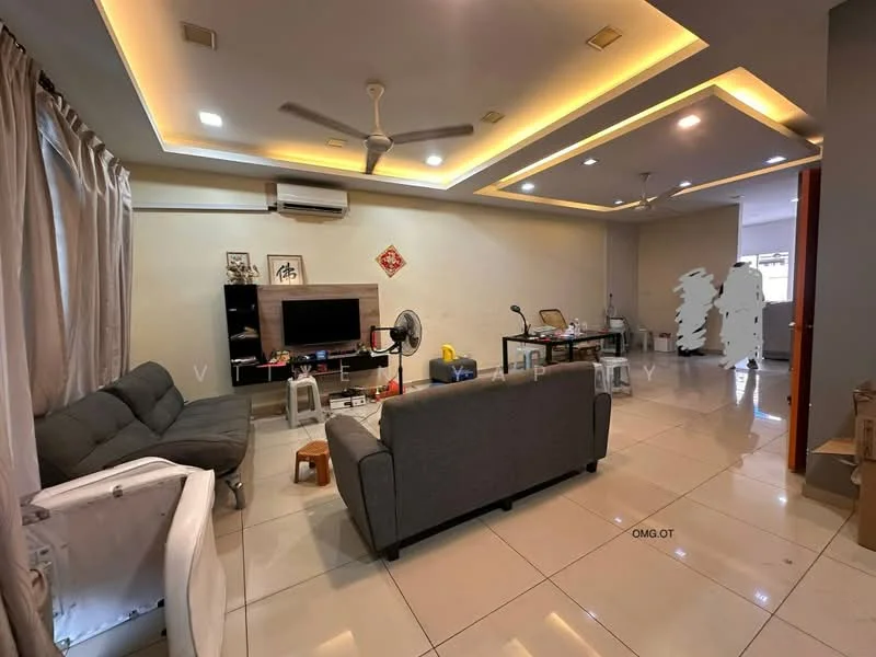 Living features: grey fabric sofa, 3-seater sofa, coffee table, TV console, wall-mounted TV, ceiling fan, recessed downlights, cream painted walls, white tiled flooring, curtains, decorative wall panel, air conditioning unit; style: modern.