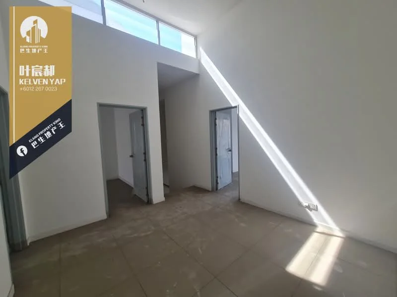 Room features: white painted walls, large windows allowing natural light, tile flooring, high ceiling, door frames visible, unfinished flooring, light streaming through windows, neutral color palette; style: modern.