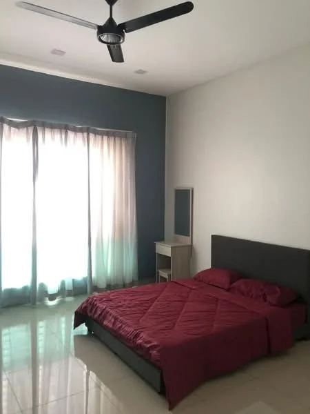 Bedroom features: king-size bed with red bedding, ceiling fan with 3 blades, floor-to-ceiling windows, sheer curtains, dark accent wall, light grey painted walls, glossy tile flooring, nightstand, mirror on the wall; style: modern.
