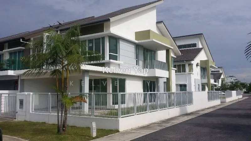 Exterior type: linked terrace house; features: white painted facade, green accent panels, large windows, balconies with glass railings, manicured lawn, paved walkway, two-storey structure, gated entry, surrounded by greenery; style: modern.