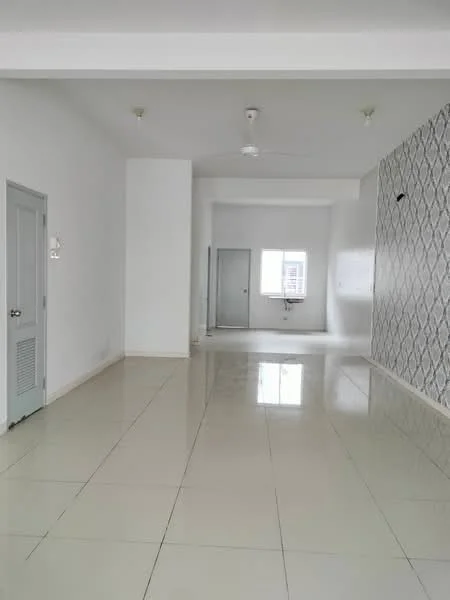 Room features: white painted walls, grey accent wall with geometric pattern, polished tile flooring, ceiling fan, window with natural light, door leading to another room, wall-mounted electrical outlets, light fixtures on ceiling; style: modern.