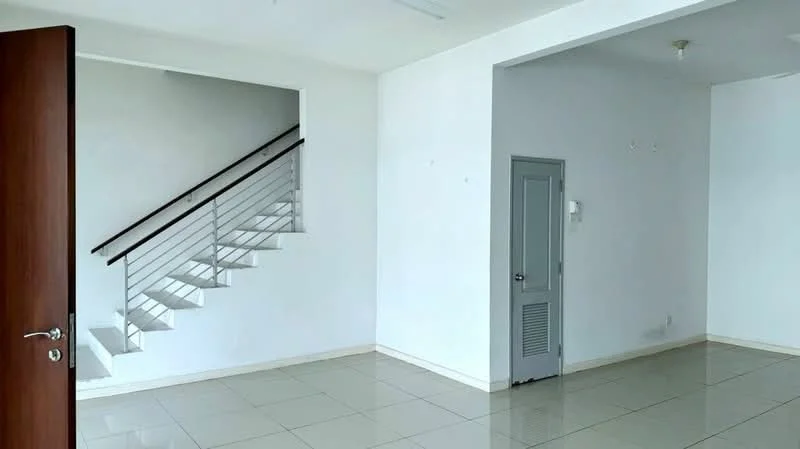Room features: white painted walls, glossy ceramic tile flooring, staircase with metal railing, door leading to another room, recessed ceiling lights, open layout, large windows for natural light, neutral color scheme; style: modern.