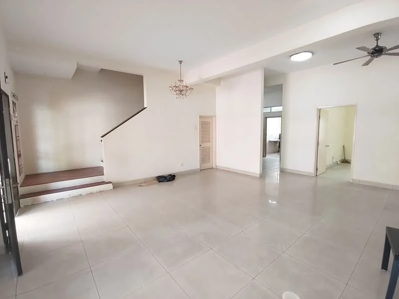 Living features: white painted walls, polished ceramic tile flooring, ceiling fan, chandelier, staircase leading to upper floor, large windows for natural light, open layout, neutral color scheme; style: modern. Room features: white painted walls, polished ceramic tile flooring, doorway leading to another room.