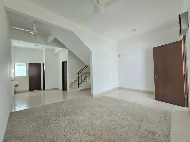 Room features: cream painted walls, light-colored tiled flooring, ceiling fan, staircase, door with wood finish, window with natural light, carpeted area, air conditioning unit; style: modern.