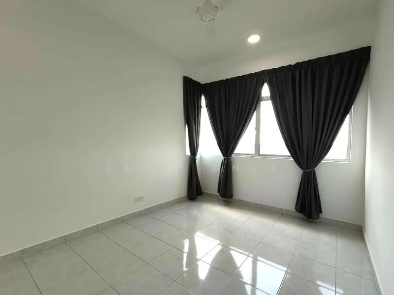 Room features: white painted walls, grey tiled flooring, floor-to-ceiling windows, blackout curtains, ceiling fan with light, natural light from windows; style: minimalist.