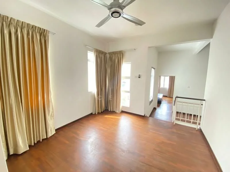 Room features: wooden flooring, white painted walls, ceiling fan, floor-to-ceiling windows, curtains, natural light, open layout, corner space; style: modern.