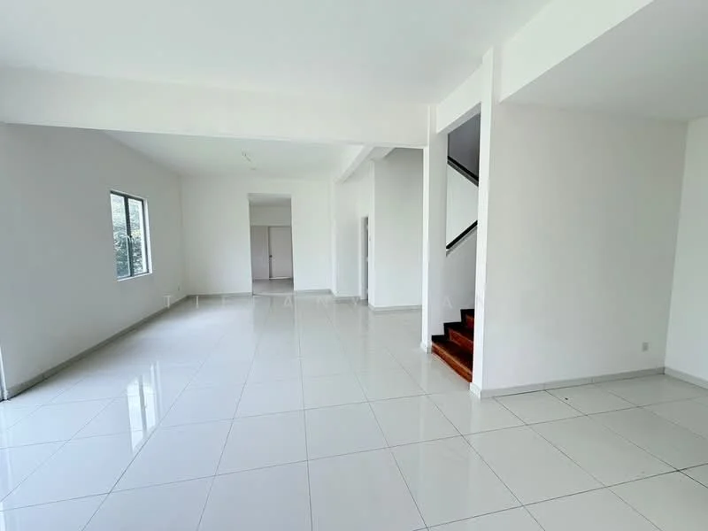 Room features: white painted walls, glossy white tile flooring, large windows, staircase with wooden steps, open layout, high ceiling, natural light, neutral color scheme; style: modern.