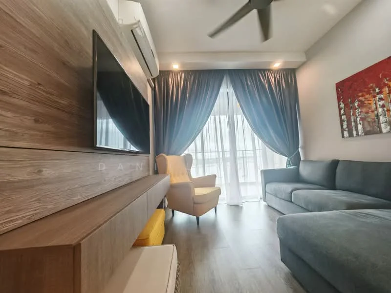 Living features: grey fabric sectional sofa, wooden TV console, wall-mounted flat-screen TV, 5-blade ceiling fan, floor-to-ceiling windows, sheer curtains, dark blue curtains, decorative artwork with trees, laminate flooring, yellow accent chair; style: modern; view: city.