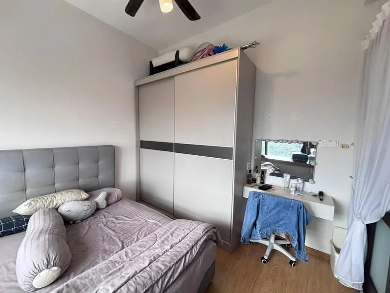 Bedroom features: queen-size bed with grey upholstered headboard, light grey bedding, built-in wardrobe with sliding doors, white desk with mirror, rolling chair, wooden flooring, ceiling fan, decorative pillows, wall-mounted mirror, window with sheer curtains; style: modern.
