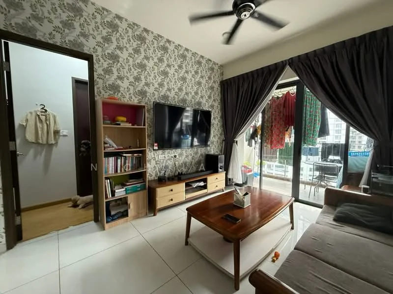 Living features: grey fabric sofa, wood coffee table, wall-mounted TV, bookshelf with open shelving, decorative items on shelf, white tiled flooring, floral wallpaper, ceiling fan, floor-to-ceiling windows with sheer curtains, balcony access, area rug; style: modern; view: city. Room features: door leading to another room, light-colored wall, wooden door.