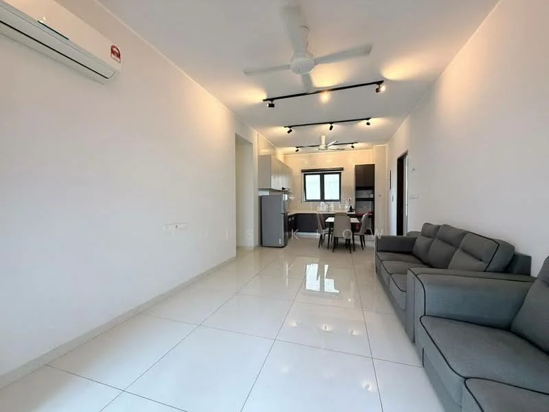 Living features: white painted walls, glossy white tile flooring, 5-blade ceiling fan with light, recessed LED downlights, large window with natural light, grey fabric 3-seater sofa, dining table with chairs visible in background, air conditioning unit on wall; style: modern.