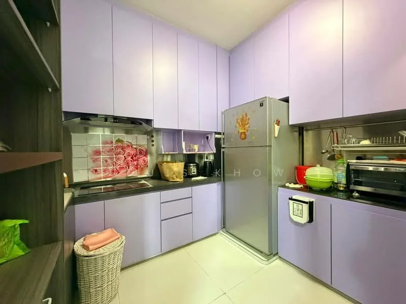 Kitchen features: purple cabinetry, stainless-steel fridge, black countertop, ceramic tile backsplash with floral design, built-in oven, microwave, sink, kitchen utensils, green bowls, white tiled flooring, open shelving, basket for storage; style: modern.