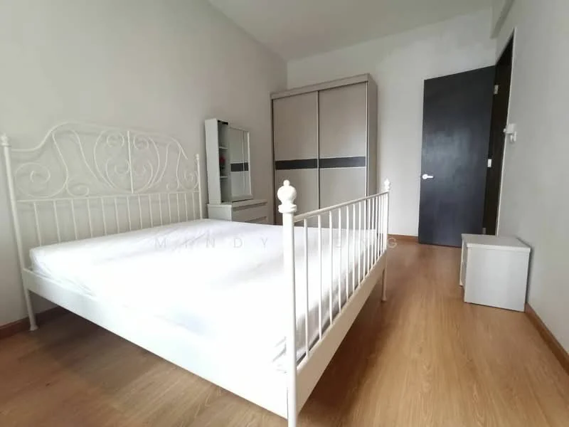 Bedroom features: white metal bed frame, mattress without bedding, wooden flooring, built-in wardrobe with sliding doors, full-length mirror, white bedside table, plain white walls, dark wooden door; style: minimalist.