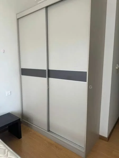Room features: sliding wardrobe with grey stripe, wooden flooring, white walls; style: modern.