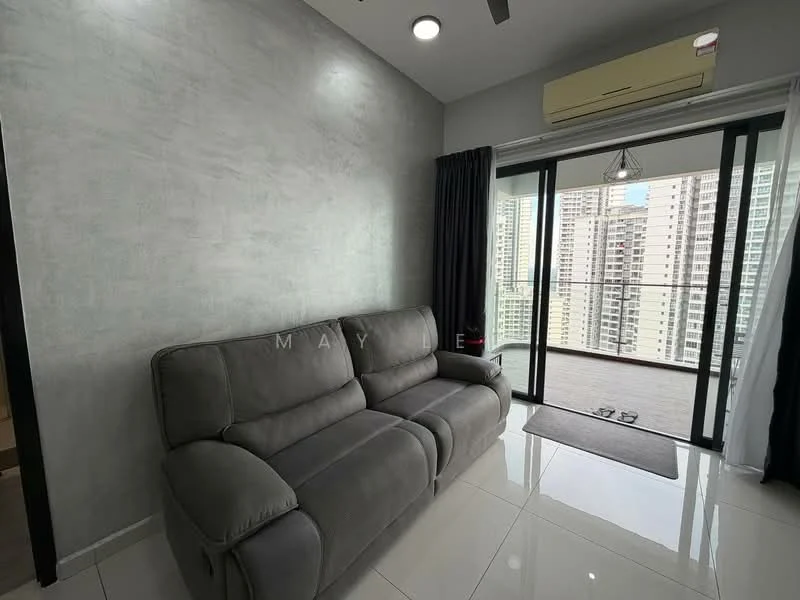 Living features: grey fabric 2-seater sofa, white glossy tile flooring, grey accent wall, floor-to-ceiling windows, blackout curtains, recessed downlights, ceiling fan, sliding glass door, view of city skyline; style: modern; view: city.